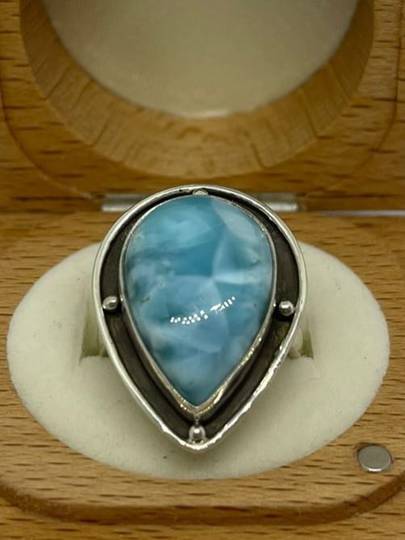 Sterling silver large teardrop larimar gemstone ring